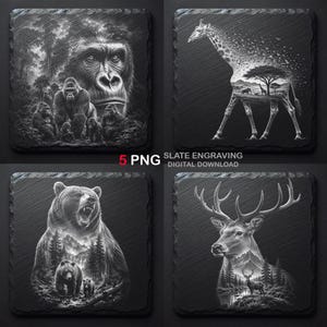May include: Four square slate coasters featuring white engraved illustrations of a gorilla family, a giraffe with a landscape silhouette, a bear with a forest scene, and a deer with a mountain backdrop. The text 5 PNG SLATE ENGRAVING DIGITAL DOWNLOAD is visible.
