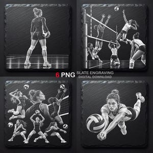 Può includere: Un set di quattro incisioni quadrate su ardesia con illustrazioni in bianco e nero di giocatori di pallavolo in azione. I disegni raffigurano varie scene, tra cui un giocatore in piedi con la palla, una partita di squadra e un tuffo.