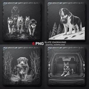 Puede incluir: Un juego de cuatro posavasos cuadrados de pizarra con grabados en blanco y negro: un equipo de trineo de perros, un San Bernardo en la nieve, un perro de caza en hierba alta y un perro policía K9 en un vehículo. Texto: 6 PNG SLATE ENGRAVING DIGITAL DOWNLOAD.