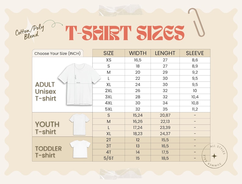 May include: A size chart for adult, youth, and toddler t-shirts. The chart includes measurements in inches for width, length, and sleeve length. The text "T-SHIRT SIZES" is displayed in a decorative font.