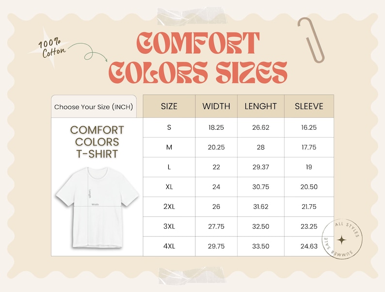 May include: A cream-colored graphic with the words "COMFORT COLORS SIZES" in orange. Below, a size chart for a Comfort Colors T-shirt shows measurements in inches for width, length, and sleeve length, ranging from size S to 4XL. The text "100% Cotton" is also present.