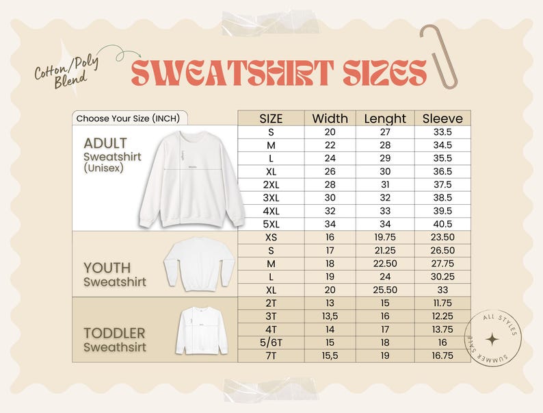 May include: A size chart for sweatshirts, including adult, youth, and toddler sizes. The chart lists measurements in inches for width, length, and sleeve length. The text "SWEATSHIRT SIZES" is displayed in a retro font.