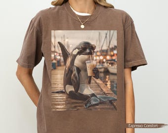 Funny Orca Drinking Ice Coffee Shirt, Retro Killer Whale Shirt, Funny Orca Shirt, Killer Whale Shirt, Orca Whale Shirt, Orca Lover Gift