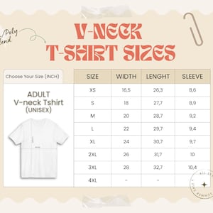 May include: A white unisex V-neck t-shirt size chart with measurements in inches. The chart includes sizes XS to 4XL, with width, length, and sleeve measurements. The shirt is a cotton/poly blend.