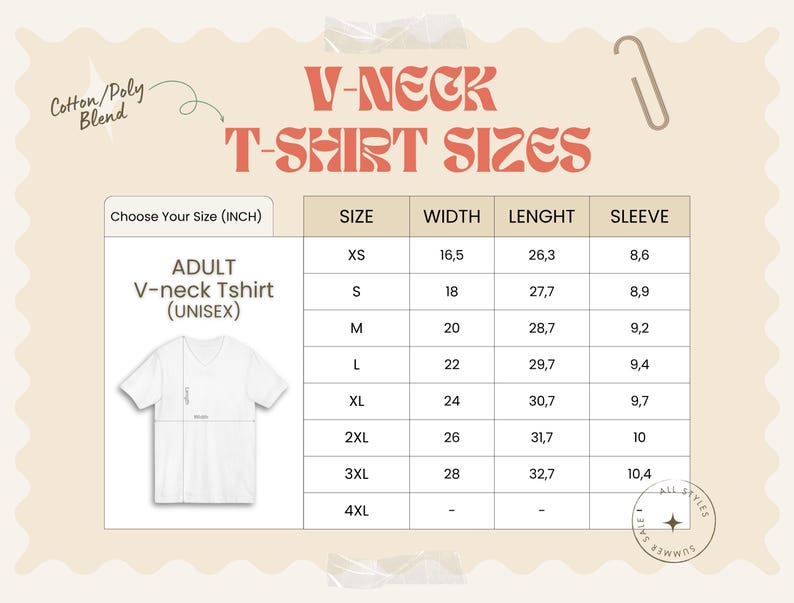 May include: A white unisex V-neck t-shirt size chart with measurements in inches. The chart includes sizes XS to 4XL, with width, length, and sleeve measurements. The shirt is a cotton/poly blend.