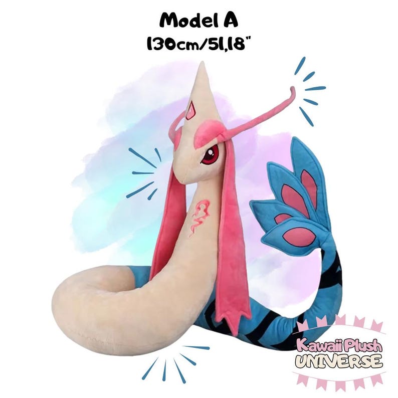 May include: A plush toy of a serpentine creature, Model A, with a cream-colored body, pink accents, and a blue tail. The toy is 51.18 inches long and features red eyes and a stylized design. The text "Kawaii Plush Universe" is visible.