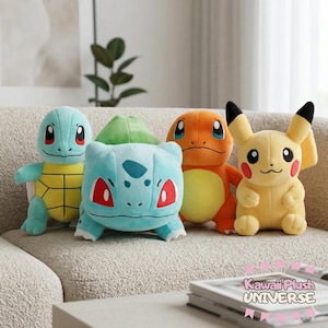 Pokemon Starters Plush - Charmander, Squirtle, Bulbasaur and Pikachu - Soft Collectible Monster Pack - Gamer gift