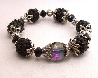 Bracelet- shambala crystal stretch bracelet with lace bead caps