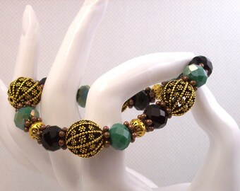 Bracelet Filigree Stretch Bracelet Black and green 12 MM crystal beads 16 MM filigree Gold and Black beads