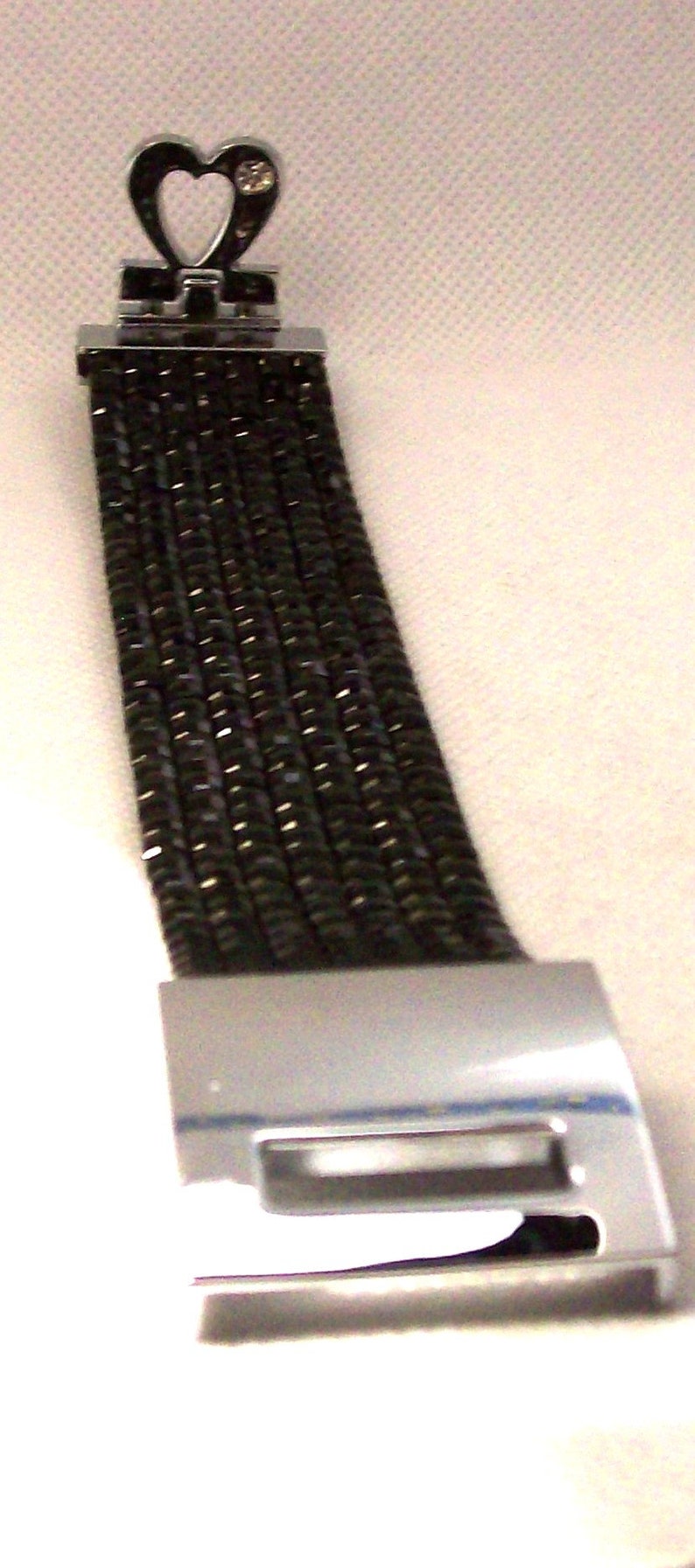 Black crystal cuff bracelet on black suede. 8 inches long and siver heart closure image 6