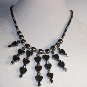 Necklace-Hematite hearts necklace, 4 mm silver colored crystals & daisy spacers strung with 2 mm Hematite beads image 1