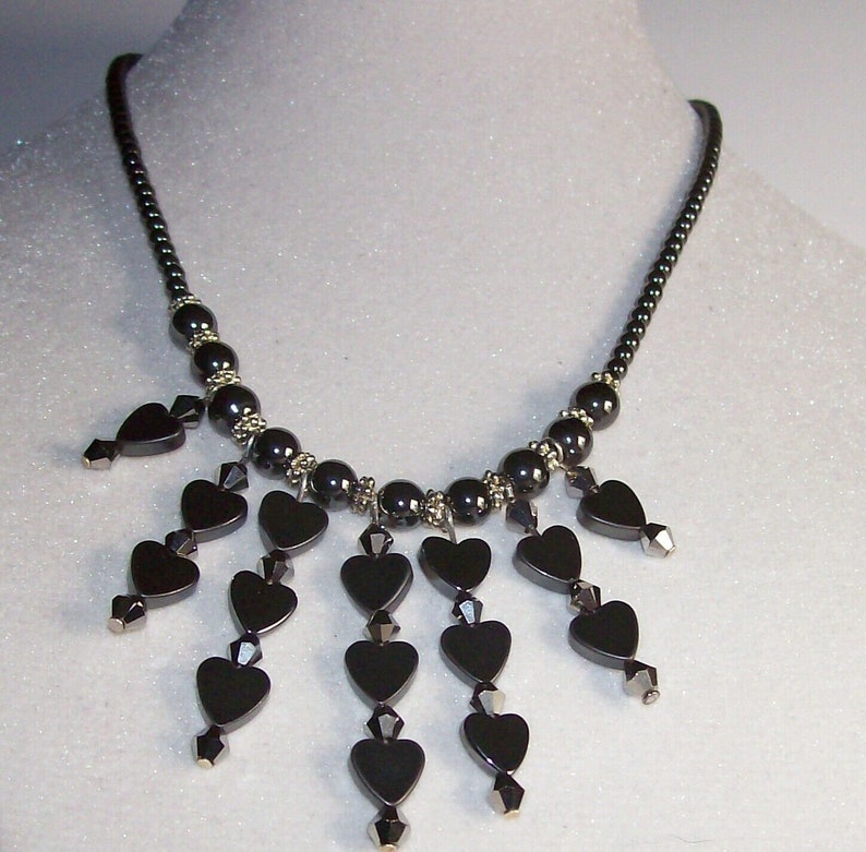 Necklace-Hematite hearts necklace, 4 mm silver colored crystals & daisy spacers strung with 2 mm Hematite beads image 1