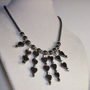 Necklace-Hematite hearts necklace, 4 mm silver colored crystals & daisy spacers strung with 2 mm Hematite beads image 2