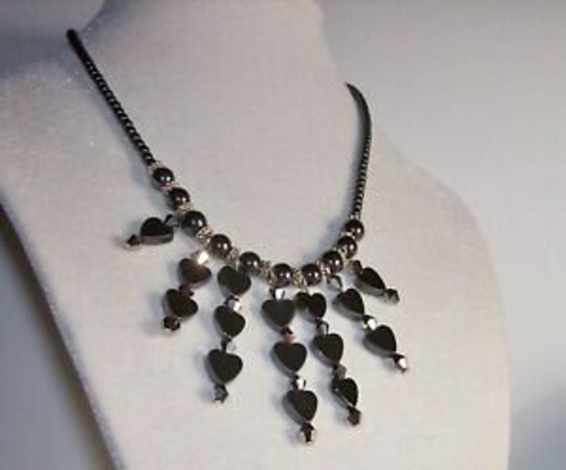 Necklace-Hematite hearts necklace, 4 mm silver colored crystals & daisy spacers strung with 2 mm Hematite beads image 2