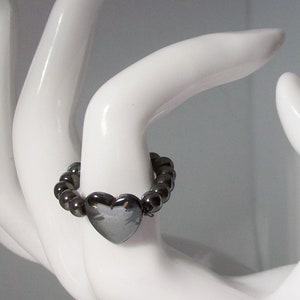 Ring-Hematite stretch ring with center 14 mm heart bead/4mm hematite beads for band size 8 inch image 1