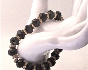 Black 10 MM oval crystal Stretch bracelet with Crystal spacer beads