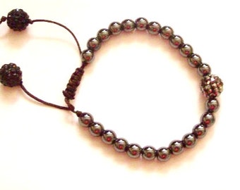 Hematite bead bracelet 6mm hematite beads for band, 12 mm Silver center shambala bead