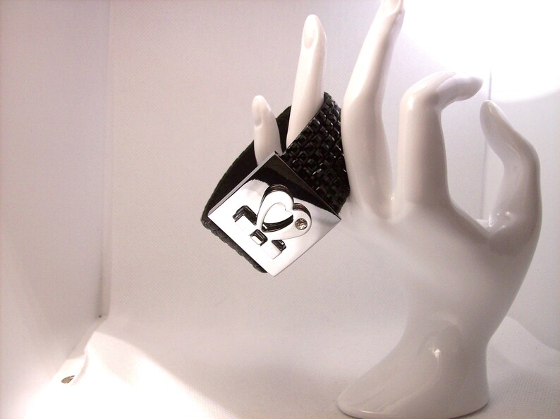 Black crystal cuff bracelet on black suede. 8 inches long and siver heart closure image 4