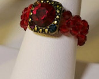 Ring-Handmade Red or blue square crystal stone with 4mm crystals for band.