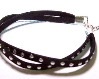 Mens Bracelet Black suede, silver studded double strand 9 inch with 2 inch ex chain