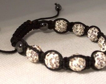 Shambala Woven bracelet 8 MM Silver and white disco ball beads with black knotted cord 8 inches