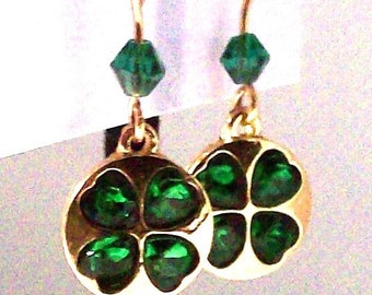 Green and gold Shamrock wire earrings 1 and a half inches long with a second pair of dark green Post earrings