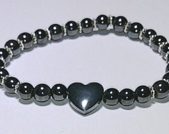 Hematite beaded stretch Bracelet center heart 14 mm Hematite , 6 mm round hematite beads for band