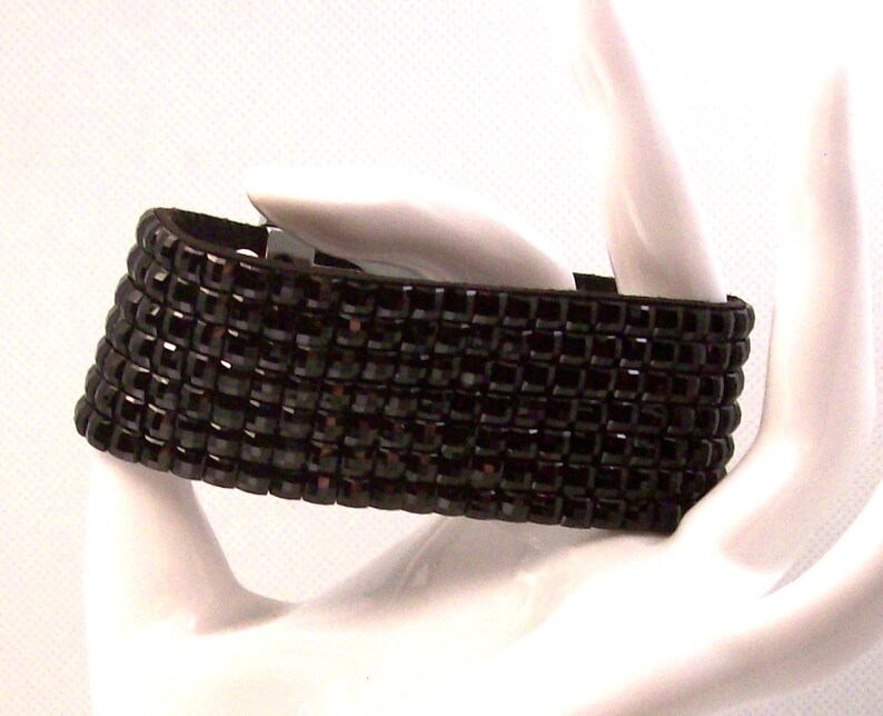 Black crystal cuff bracelet on black suede. 8 inches long and siver heart closure image 5