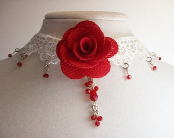 Red flower choker, 4 mm red crystals on white lace, red crystal cluster drop in Center 11 “ long w/3 inch ex chain