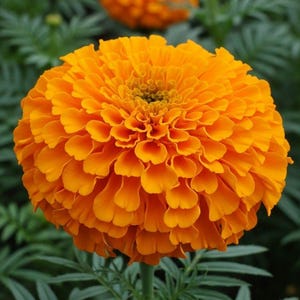 May include: Close-up of a vibrant orange marigold flower in full bloom. The flower has numerous layered petals, creating a dense, spherical shape. Green foliage surrounds the flower, with other marigolds in the background.