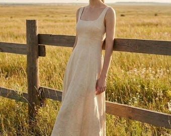 Vestido midi de lino con escote cuadrado, tirantes anchos, corte en A, falda amplia, sin mangas, femenino, chic, verano, natural