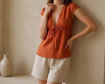 Blusa de lino con cuello en V, manga corta, cordón ajustable en la parte delantera, fruncida, romántica, femenina, ideal para el verano, color óxido.