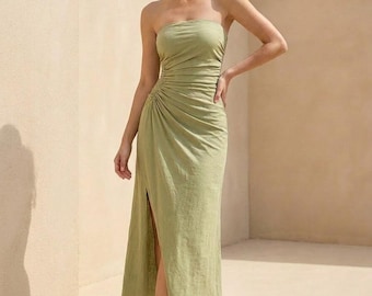Vestido midi de lino sin tirantes, tubo, fruncido lateral, ajustado, elegante y chic, color verde salvia, ideal para el verano.