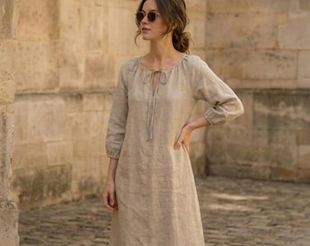 Vestido largo de lino con escote anudado, manga tres cuartos, holgado, fruncido, estilo bohemio, campesina, casual, de verano, natural.