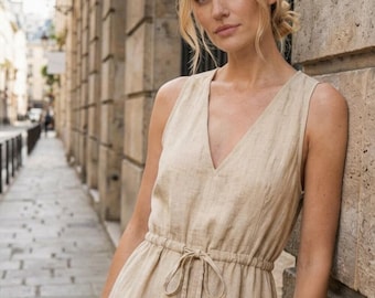Leinen Midi Kleid, Beige V-Ausschnitt, Ärmellose Kordelzug Taille, Casual Beach Street