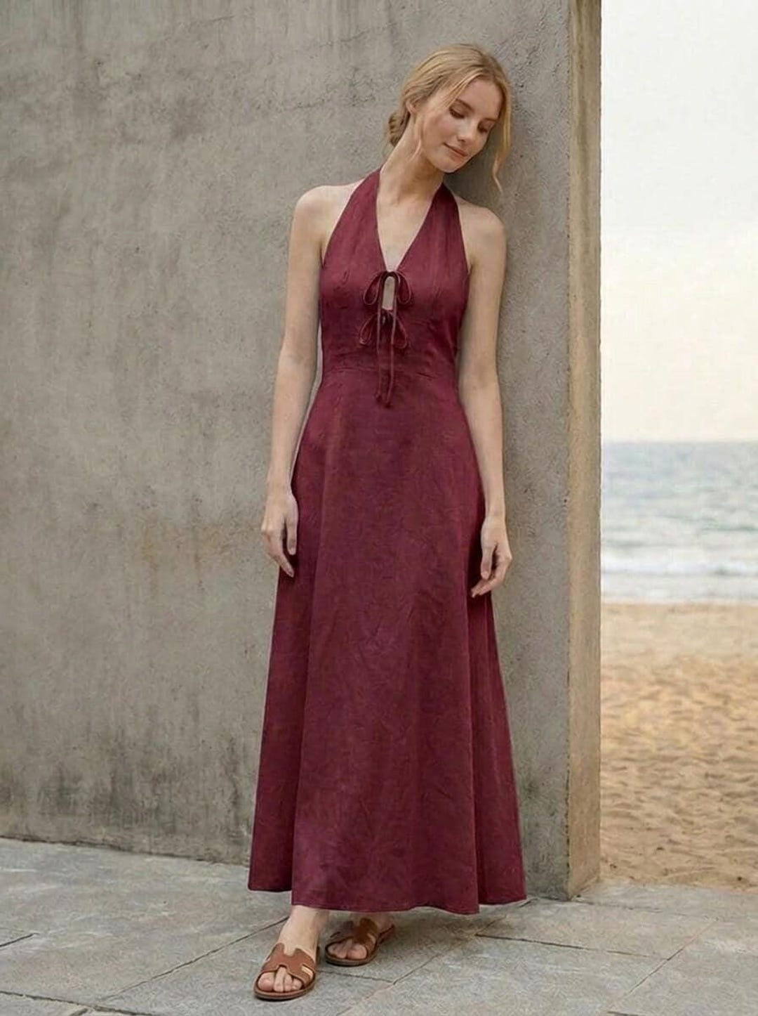 Burgundy Linen Maxi Dress, Women\'s Halter Neck Backless Front Tie ...