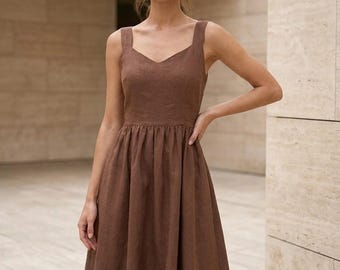 Linen Midi Dress Sweetheart Neck Wide Strap Gathered A-Line Feminine Boho Chic Summer Chocolate