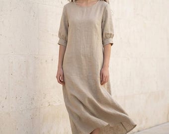 Linen Maxi Dress Round Neck 3/4 Sleeve Loose A-Line Boho Cottagecore Chic Summer Natural