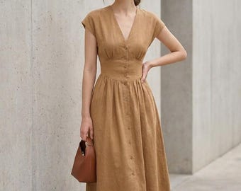 Linen Midi Dress V-Neck Button Front Cap Sleeve Gathered A-Line Fitted Chic Summer Camel