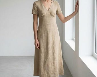 Vestido midi de lino, color beige, cuello en V, manga corta, estilo minimalista, ropa informal de playa.