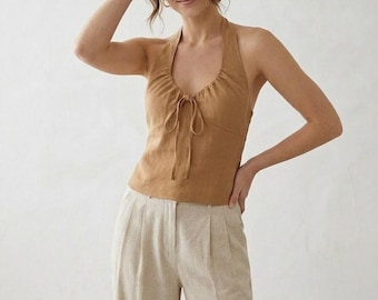 Top de lino sin mangas con escote en V, fruncido, con cordón ajustable, estilo halter, ajustado, femenino, chic, verano, camel tornasol