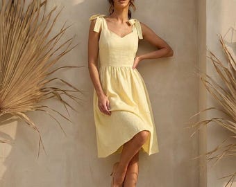 Lemon Yellow Linen Midi Dress, Sweetheart Neckline Tie Strap, Fitted Bodice A-Line Skirt, Summer Casual