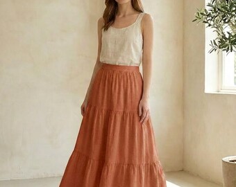 Falda larga de lino con volantes, corte en A, cintura alta elástica, estilo bohemio cottagecore, verano, terracota