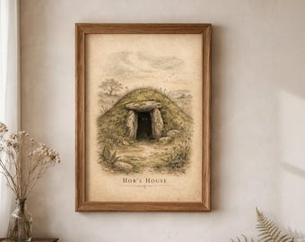 Stampa folcloristica di Hobs House / Illustrazione di un antico tumulo / Arte paesaggistica celtica / Decorazione murale Dark Academia