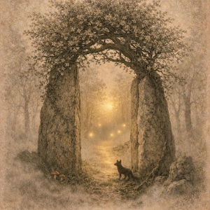 Stampa ispirata al folklore celtico e al portale fatato / Illustrazione di un portale mistico nel bosco immagine 2