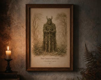 Stampa folcloristica del Cavaliere Verde / Guardiano dei boschi medievale / Arte della leggenda arturiana / Decorazione murale Dark Academia