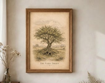 Stampa di albero di fata spinosa / Illustrazione folcloristica di biancospino / Arte paesaggistica celtica d'epoca