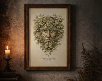 Folkloretryck med grön man | Illustration av skogsanda | Hednisk naturkonst | Väggdekor med mörk akademi
