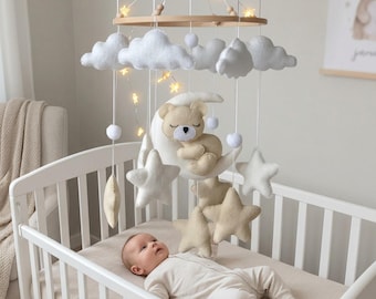 Felt Bear Moon Baby Mobile: Boho Neutral Cloud Star Crib Decor