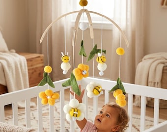 Bumble Bee Felt Baby Mobile, Woodland Nursery Decor, Wooden Crib Hanging Bell